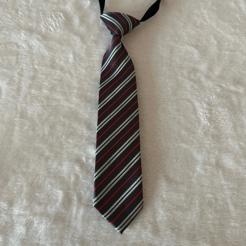 H&M Boys Black Red Striped Tie Polyester 9 inches Pre-Tied Neck Strap